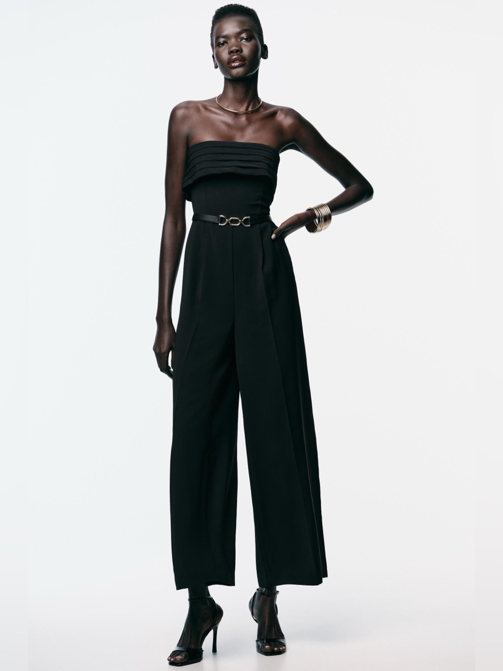 Zara Black Strapless Pleated-Waist Wide-Leg Jumpsuit - Picture 7 of 12